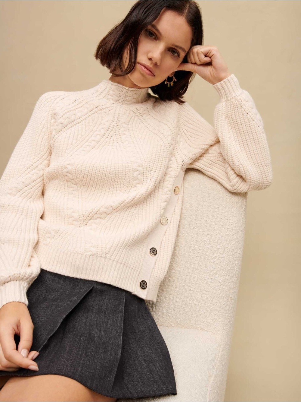 Maje Ecru braided knit sweater Cream Size 1 Small Luxury Minimalist Cottagecore